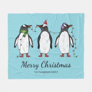 Drie feestelijke kerstpinguïns met aangepaste teks fleece deken