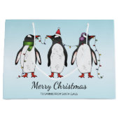 Drie feestelijke kerstpinguïns met aangepaste teks groot cadeauzakje (Voorkant)