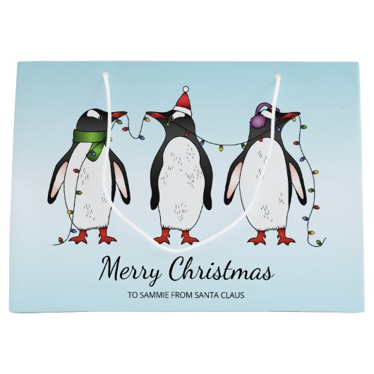 Drie feestelijke kerstpinguïns met aangepaste teks groot cadeauzakje (Voorkant)