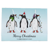 Drie feestelijke kerstpinguïns met aangepaste teks groot cadeauzakje (Achterkant)