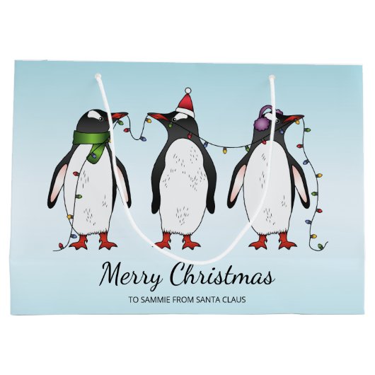 Drie feestelijke kerstpinguïns met aangepaste teks groot cadeauzakje (Achterkant)