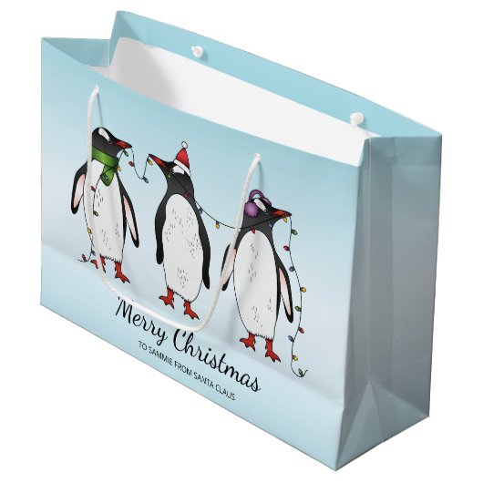 Drie feestelijke kerstpinguïns met aangepaste teks groot cadeauzakje (Voorkant Gekanteld)