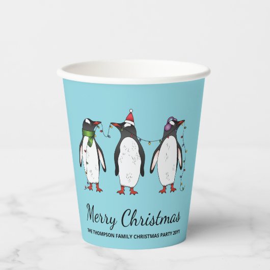 Drie feestelijke kerstpinguïns met aangepaste teks papieren bekers (Voorkant)