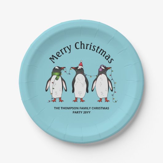 Drie feestelijke kerstpinguïns met aangepaste teks papieren bordje (Voorkant)
