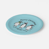 Drie feestelijke kerstpinguïns met aangepaste teks papieren bordje (Gekanteld)