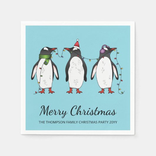 Drie feestelijke kerstpinguïns met aangepaste teks servet (Voorkant)