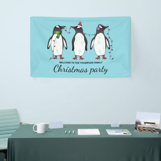 Drie feestelijke kerstpinguïns met aangepaste teks spandoek (Beurs)