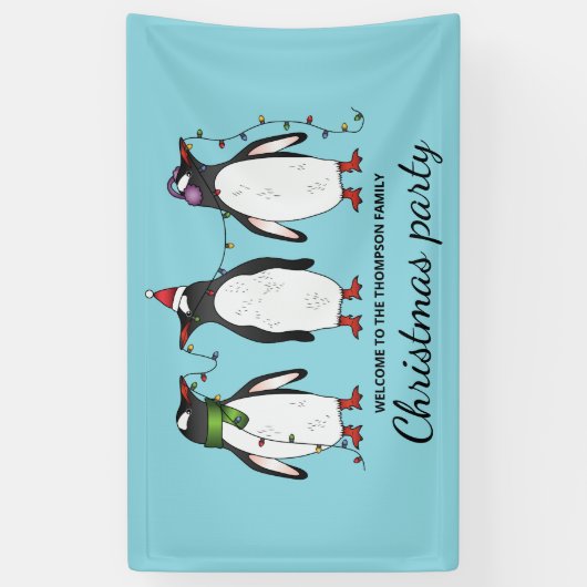 Drie feestelijke kerstpinguïns met aangepaste teks spandoek (Verticaal)