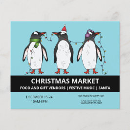 Drie Feestelijke Pinguïns Op Blauw - Kerstmarkt Flyer