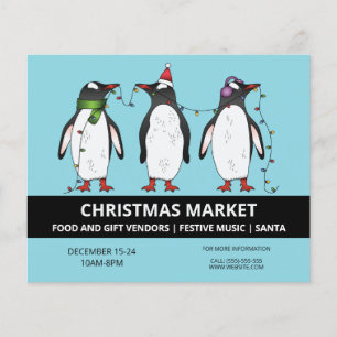 Drie Feestelijke Pinguïns Op Blauw - Kerstmarkt Flyer