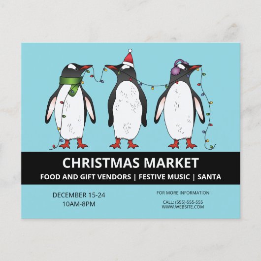 drie feestelijke pinguïns op de markt voor blauw - flyer (Voorkant)