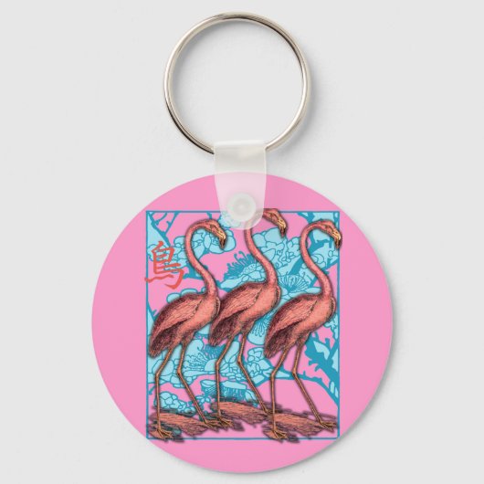 Drie Flamingos met bloemen Sleutelhanger (Voorkant)