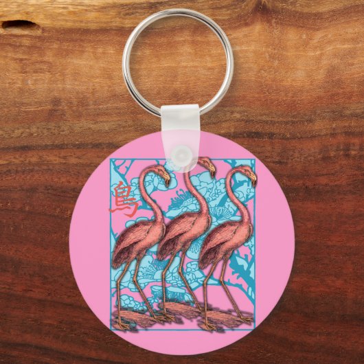 Drie Flamingos met bloemen Sleutelhanger (Voorkant)