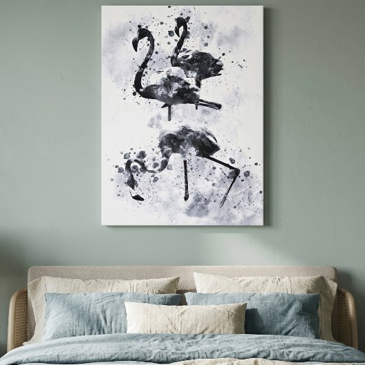 Drie Flamingo's Zwart en Wit Aquarel Canvas Afdruk