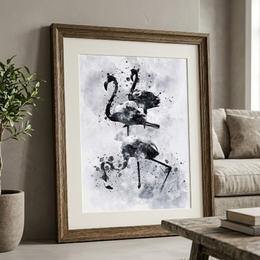 Drie Flamingo's Zwart en Wit Aquarel Foto Afdruk
