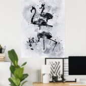 Drie Flamingo's Zwart en Wit Aquarel Poster (Thuiskantoor)
