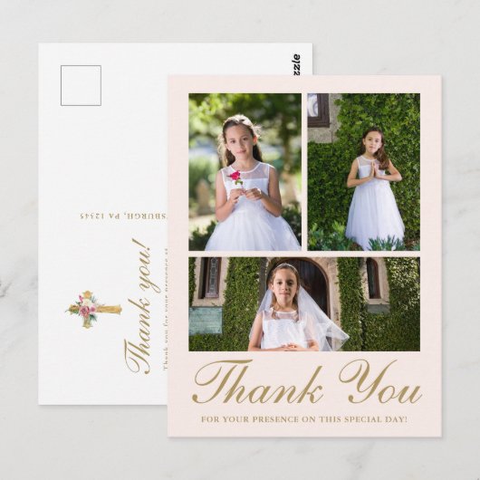 Drie Foto Bloemstuk Eerste Communie Blush Briefkaart (Voorkant / Achterkant)