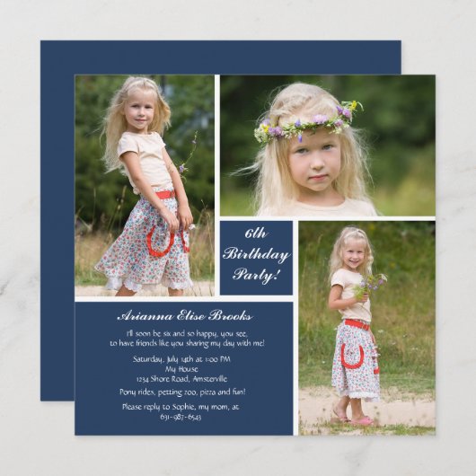 Drie Foto Blue & White Uitnodiging (Voorkant / Achterkant)