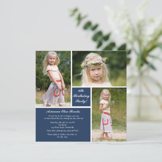 Drie Foto Blue & White Uitnodiging (Staand voorkant)