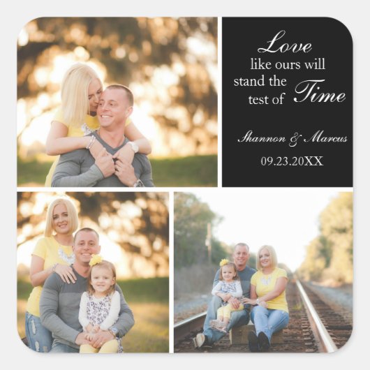 Drie Foto Collage Bruiloft Custom Vierkante Sticker (Voorkant)