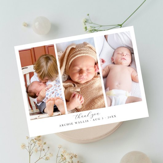 Drie foto collage Elegante Script Baby Shower Briefkaart