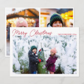 Drie foto collage Rode Script Prettig Kerstfeest Feestdagenkaart (Voorkant / Achterkant)