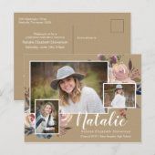 Drie foto Floral gepersonaliseerde afstudeerfeest Uitnodiging Briefkaart (Voorkant / Achterkant)