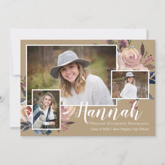 Drie Foto Floral Rustic Graduation Party Kaart (Voorkant)