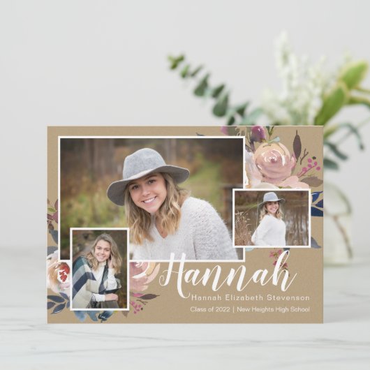 Drie Foto Floral Rustic Graduation Party Kaart (Staand voorkant)
