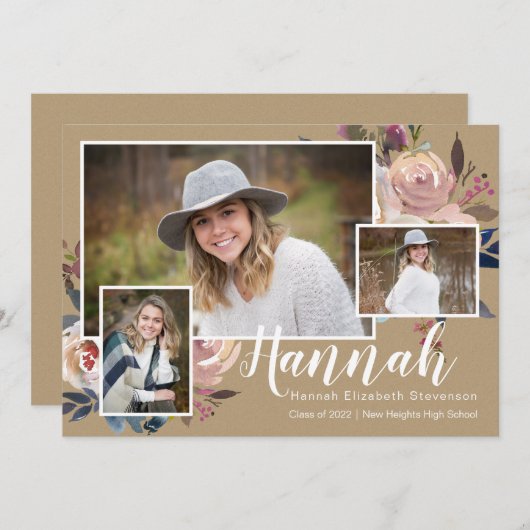 Drie Foto Floral Rustic Graduation Party Kaart (Voorkant / Achterkant)