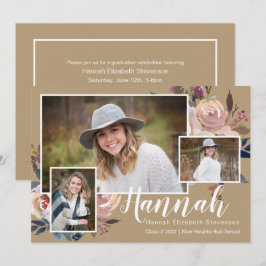 Drie Foto Floral Rustic Graduation Party Kaart