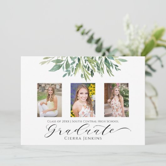 Drie Foto Greenery Graduy Party Uitnodiging (Staand voorkant)
