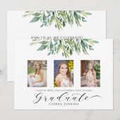 Drie Foto Greenery Graduy Party Uitnodiging (Voorkant / Achterkant)