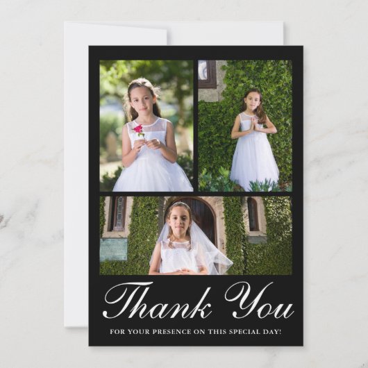 Drie foto groen eerste communie zwart bedankkaart (Voorkant)