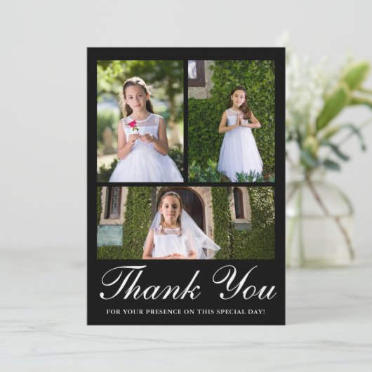 Drie foto groen eerste communie zwart bedankkaart (Staand voorkant)