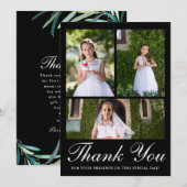 Drie foto groen eerste communie zwart bedankkaart (Voorkant / Achterkant)