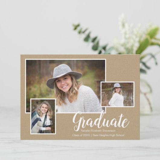 Drie Foto Kraft Typography Graduparty Kaart (Staand voorkant)