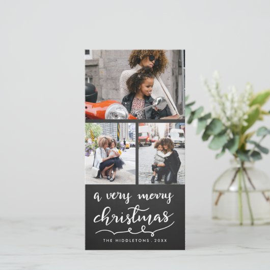 Drie foto Merry Christmas Script schoolbord Feestdagenkaart (Staand voorkant)
