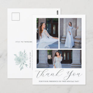 Drie foto Quinceanera Blauw Bloemen Script Briefkaart