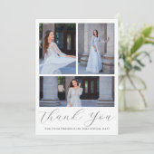 Drie foto Quinceanera Blauw Bloemen Script Kaart (Staand voorkant)