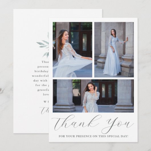 Drie foto Quinceanera Blauw Bloemen Script Kaart (Voorkant / Achterkant)