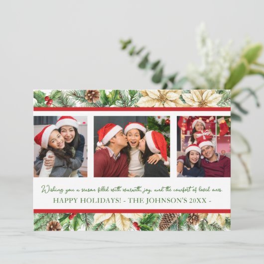 Drie Foto Waterverf Botanische Kerst Kaart (Staand voorkant)