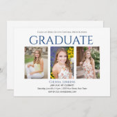 Drie Foto White Blue Graduation Party Uitnodiging (Voorkant / Achterkant)