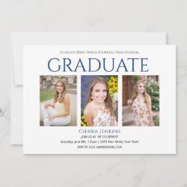 Drie Foto White Blue Graduation Party Uitnodiging