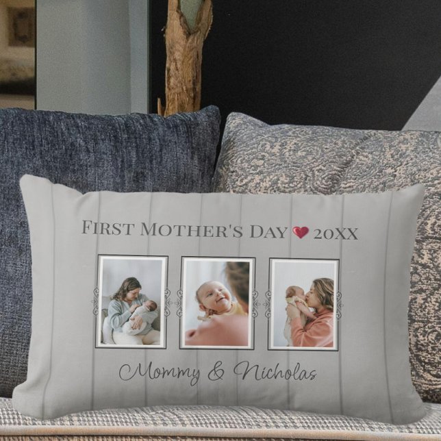 Drie fotocollage eerste Moederdag Kussen (Three Photo Collage First Mothers Day Lumbar Pillow)