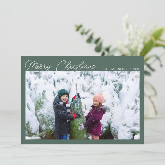 Drie Fotocollage Groen Script Vrolijk Kerstfeest Feestdagenkaart (Staand voorkant)