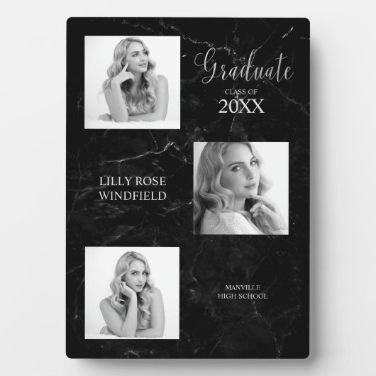 Drie Foto's Afstuderen Aankondiging zwarte marmer Fotoplaat (voorkant)