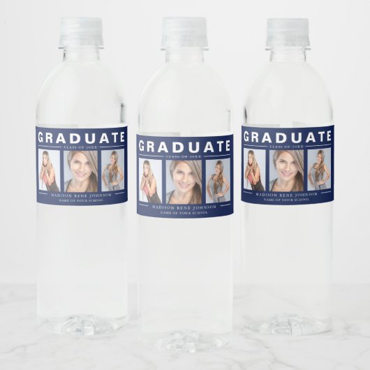 Drie foto's Afstuderen Collage Navy Blue White Wat Waterfles Etiket (Flessen)