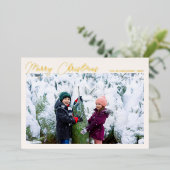 Drie foto's Collage Gold Script Merry Kerstry Folie Feestdagenkaart (Staand Voorkant)