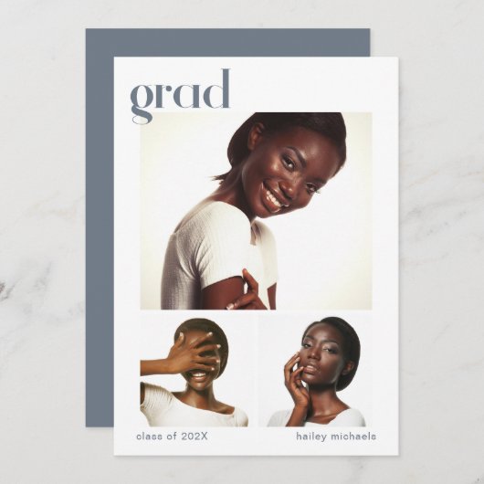 Drie foto's Collage Graduation Party Blue Kaart (Voorkant / Achterkant)